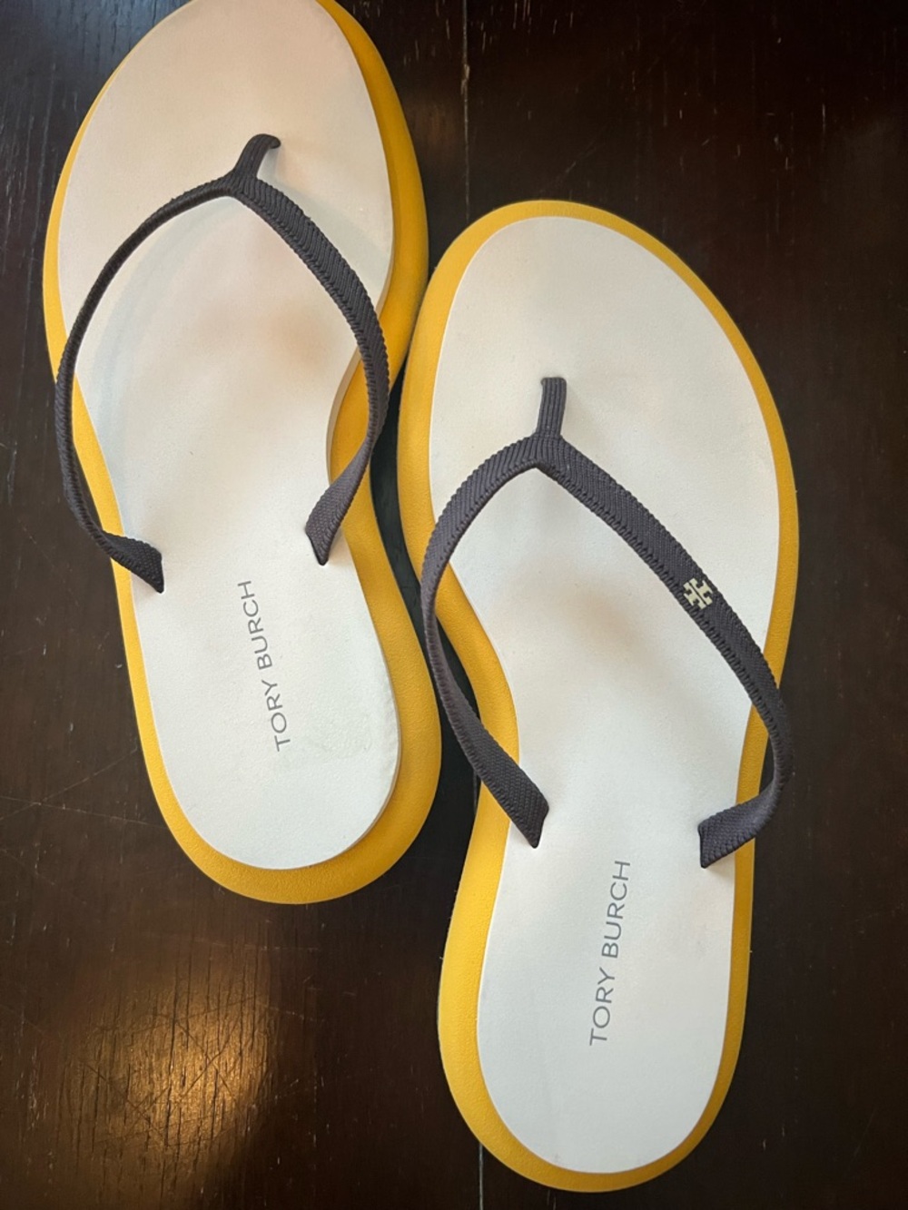Tory Burch Yellow, White & Black Logo Flip Flops- like new